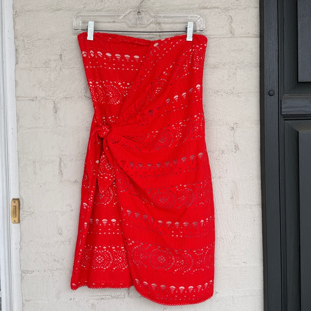 Free People Oceanside Coral Red Strapless Crochet Lace Dress Size Small - Picture 4 of 13